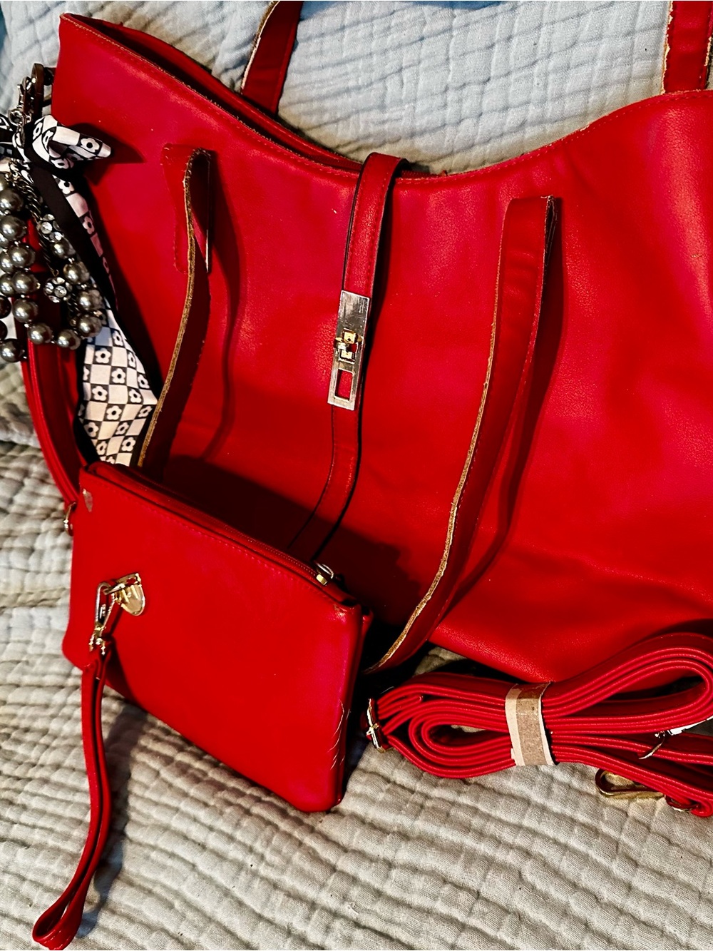 Classic Red Tote with Matching Wristlet, Detachable Strap, scarf and charm